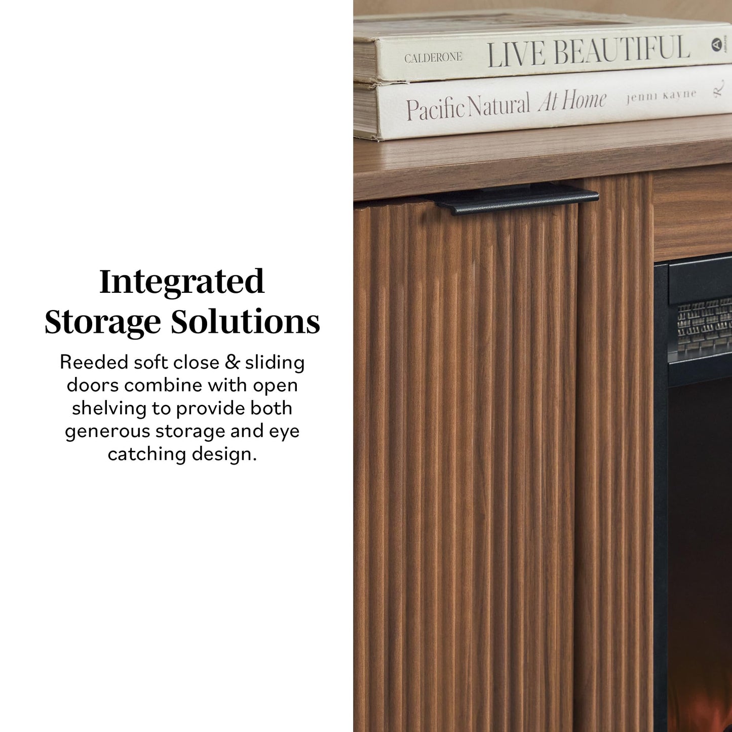 Walker Edison Chloe Reeded TV Stand with Fireplace Insert, 75 Inch, 70 Inch, Mocha