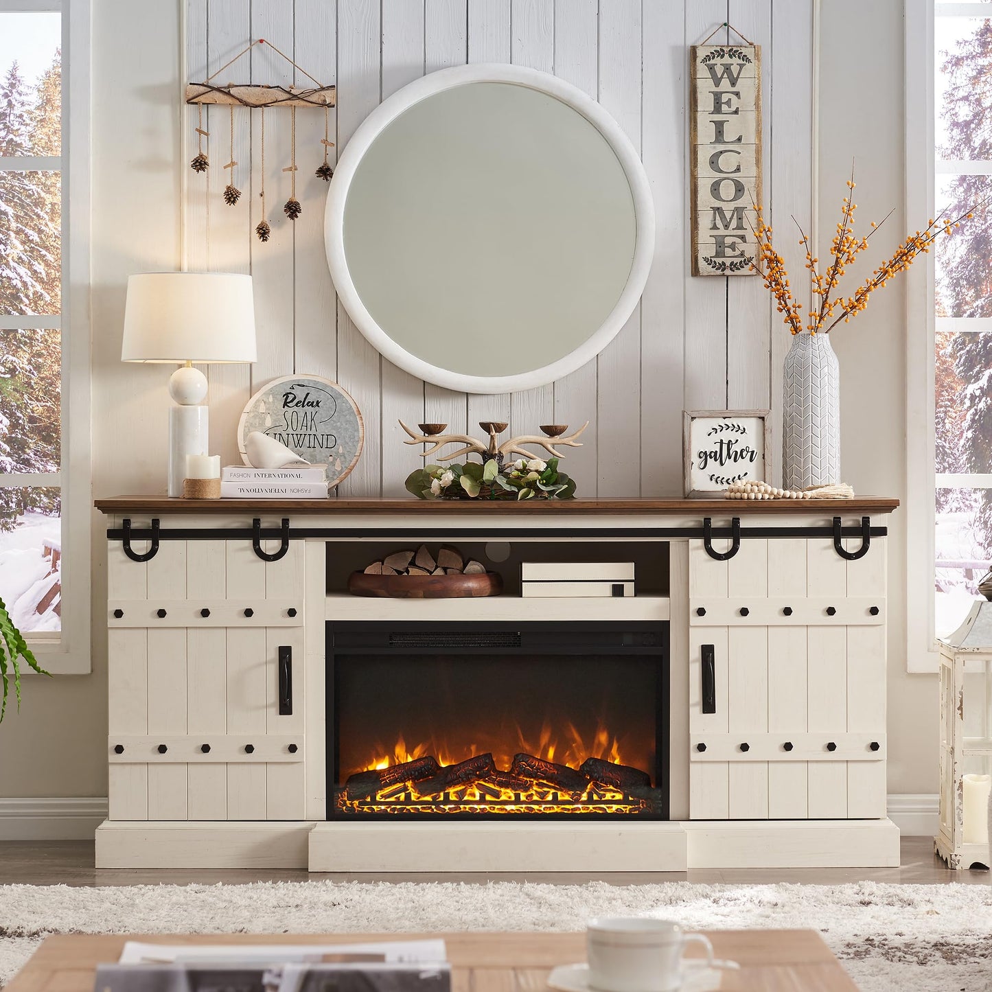 OKD Fireplace TV Stand for 75 80 Inch TV, Farmhouse Entertainment Center with Sliding Barn Doors, Rustic Media Console Table with Storage Cabinets for Living Room, Antique White