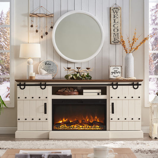OKD Fireplace TV Stand for 75 80 Inch TV, Farmhouse Entertainment Center with Sliding Barn Doors, Rustic Media Console Table with Storage Cabinets for Living Room, Antique White