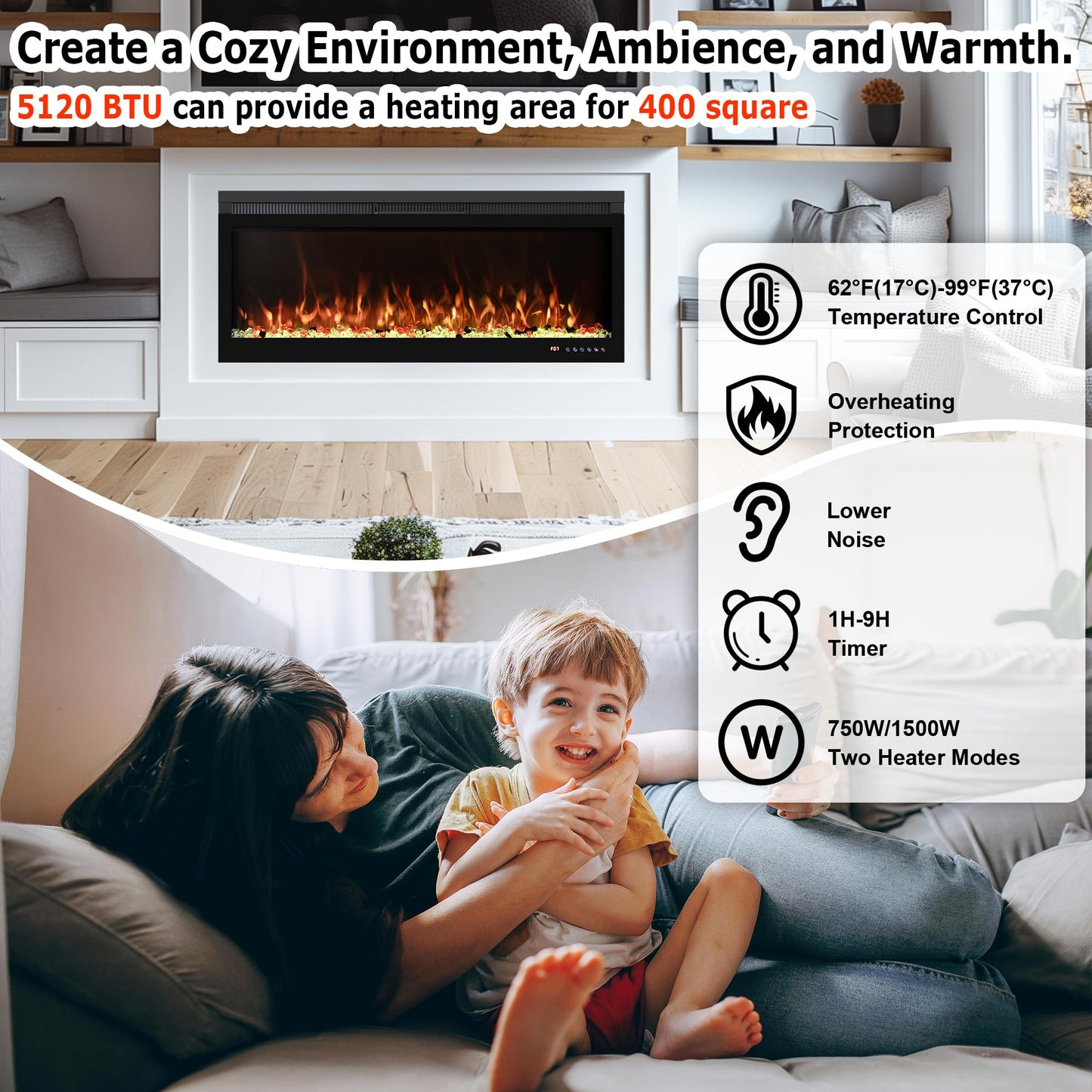 Mystflame 60 inch Electric Fireplace Inserts, Wall Mounted and Recessed Fireplace Heater, Remote & Touch Screen, Log Set & Crystal, 13 Adjustable Flame Color, Thermostat, 1-9H Timer, 750w/1500w