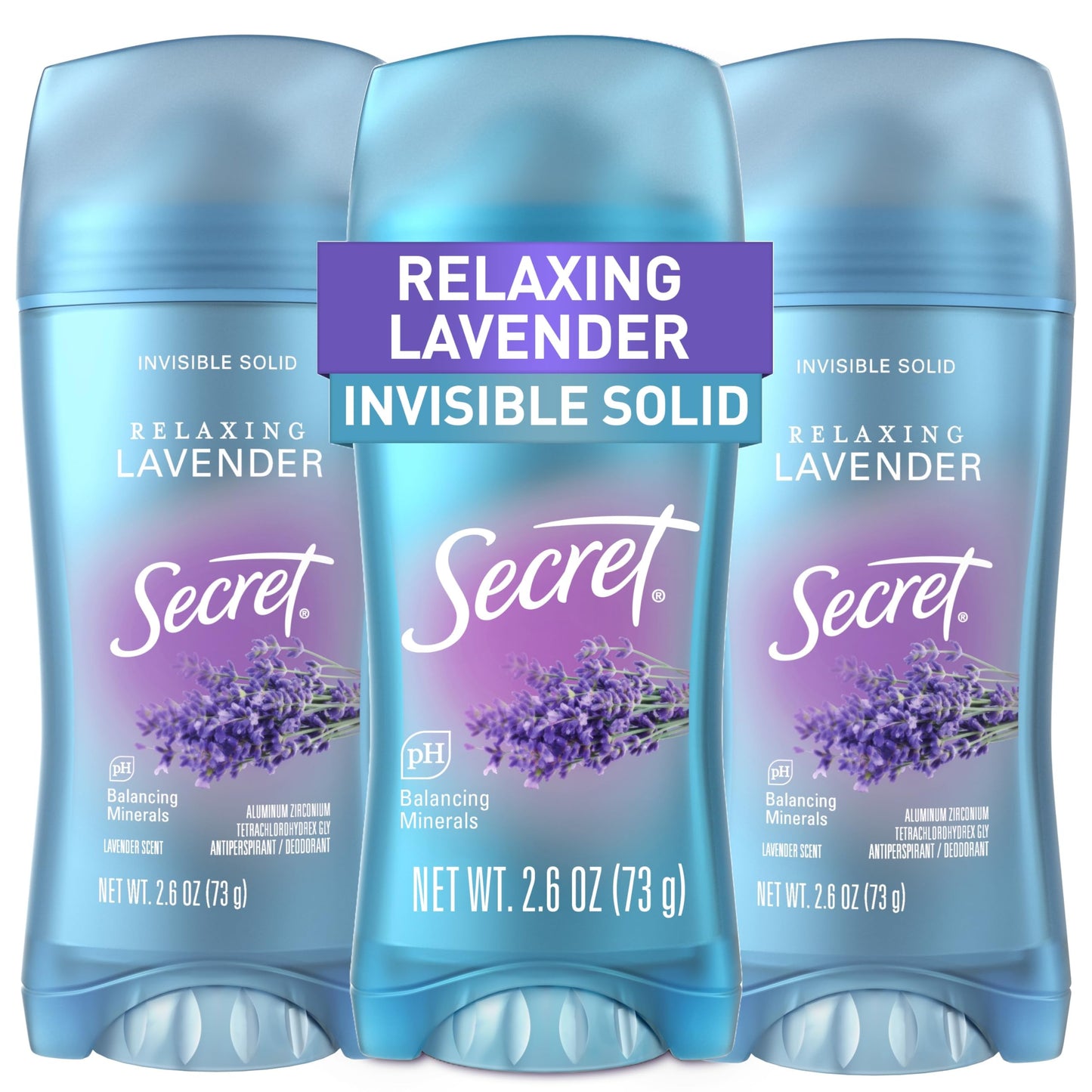 Secret Fresh Antiperspirant Deodorant for Women, 72hr Breathable Sweat & Odor Protection, Instant Freshness & Gentle, PH Balancing Mineral, Invisible Solid, Relaxing Lavender Scent, 2.6 oz (Pack of 3)