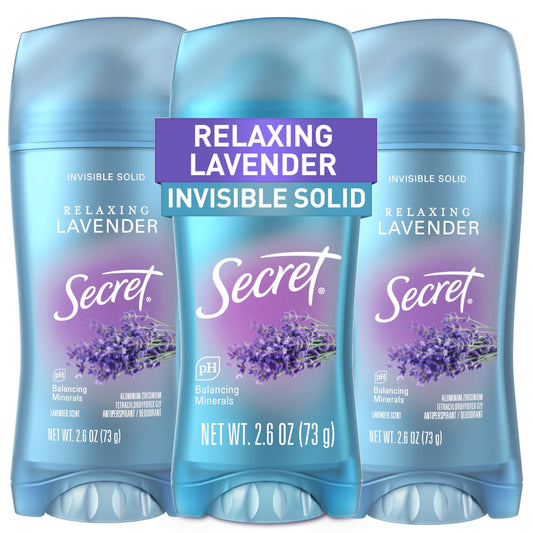 Secret Fresh Antiperspirant Deodorant for Women, 72hr Breathable Sweat & Odor Protection, Instant Freshness & Gentle, PH Balancing Mineral, Invisible Solid, Relaxing Lavender Scent, 2.6 oz (Pack of 3)