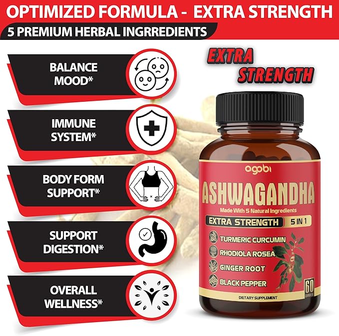 3 Packs 60 Capsules - Ashwagandha Supplement 5200mg - 5in1 with Ginger, Turmeric, Rhodiola Rosea & Black Pepper - Stamina & Body Health Support - 6-Month Supply