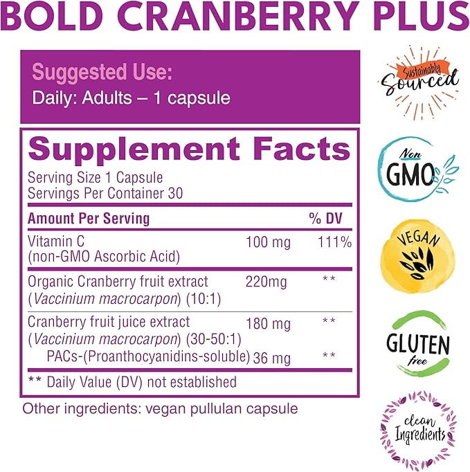 Bold Cranberry Plus – 36 mg PAC 100% Soluble from Juice Extract– Urinary Tract UTI Support- Cranberry Pills for Women & Men- with Non-GMO Vitamin C – 30 Vegan Capsules