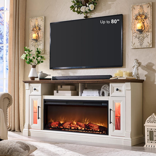 OKD Fireplace TV Stand for 80 Inch TV - Farmhouse Entertainment Center with 42" Electric Fireplace & LED Lights, Wood Media Console with Storage Drawers & Cabinets for Living Room, Antique White
