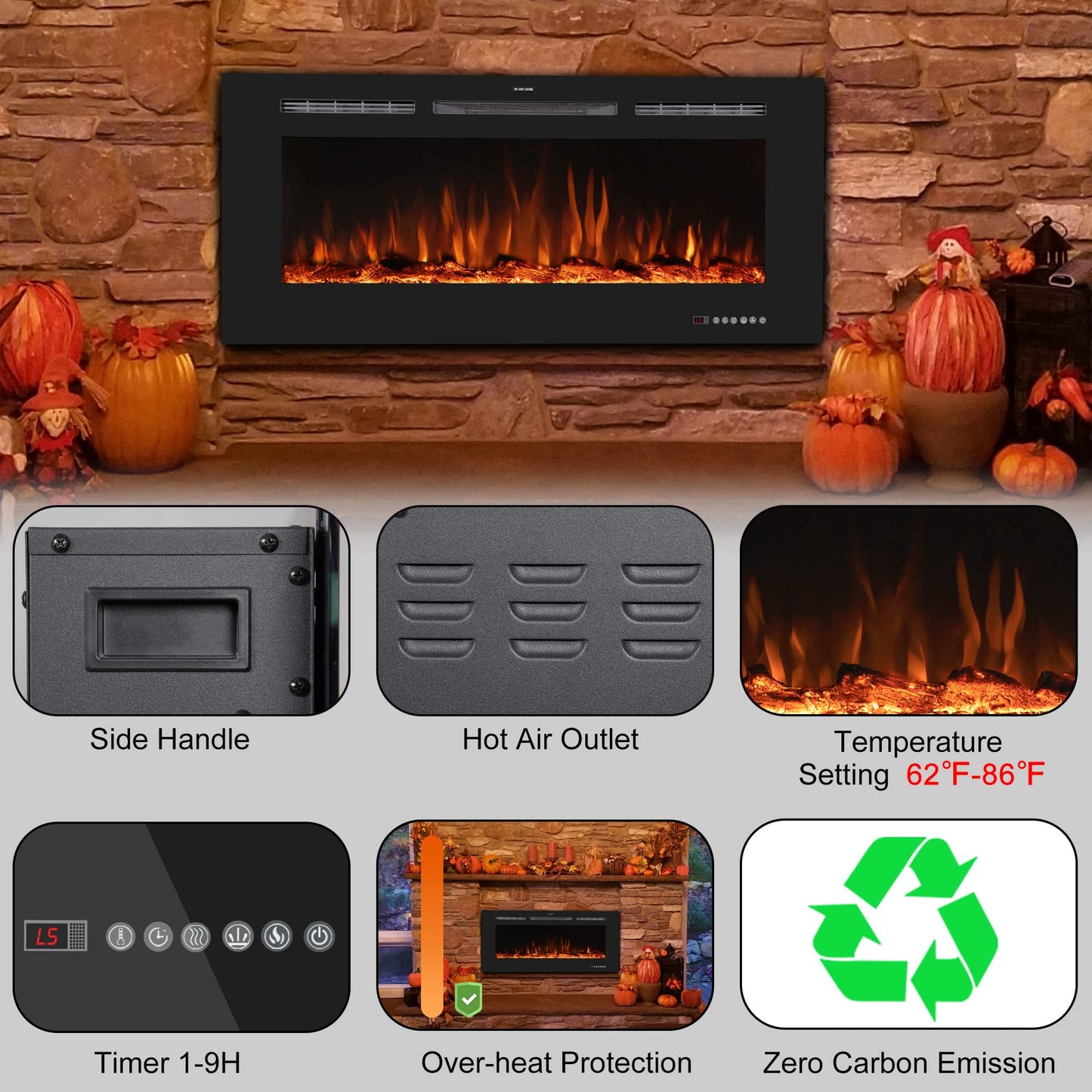 36'' Smart Electric Fireplace Inserts, Recessed & Wall Mount Electric Heater and Linear Fireplace with APP& Touch Screen &Remote Control, 62-99°F Temperature, Hard Wired & Plug in