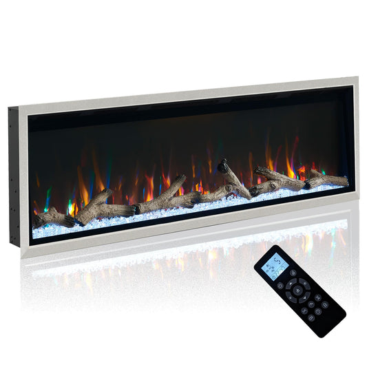 Unineo 50 Inch Electric Fireplace w/Aluminum Frame, Hidden Air Vents Design, Recessed and Wall Mounted Fireplace Heater w/Thermostat, 12×13×5 Realistic Flame, Visual Remote, Log and Crystal, Siliver