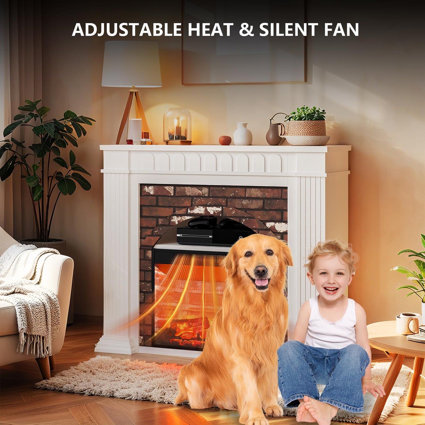 44" Electric Fireplace Mantel, TV Stand with Freestanding Electric Fireplace, Stacked Stone Surround Fireplace Heater with Remote Control, Adjustable 3D Flame Fireplace for Living Room Bedroom