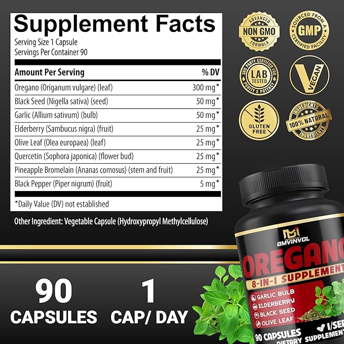 BMVINVOL Oregano Supplement | Black Seed, Garlic, Elderberry, Olive Leaf, Quercetin, Bromelain, Black Pepper - 8in1 Immune & Digestive Support 90 Capsules [3-Month Supply]
