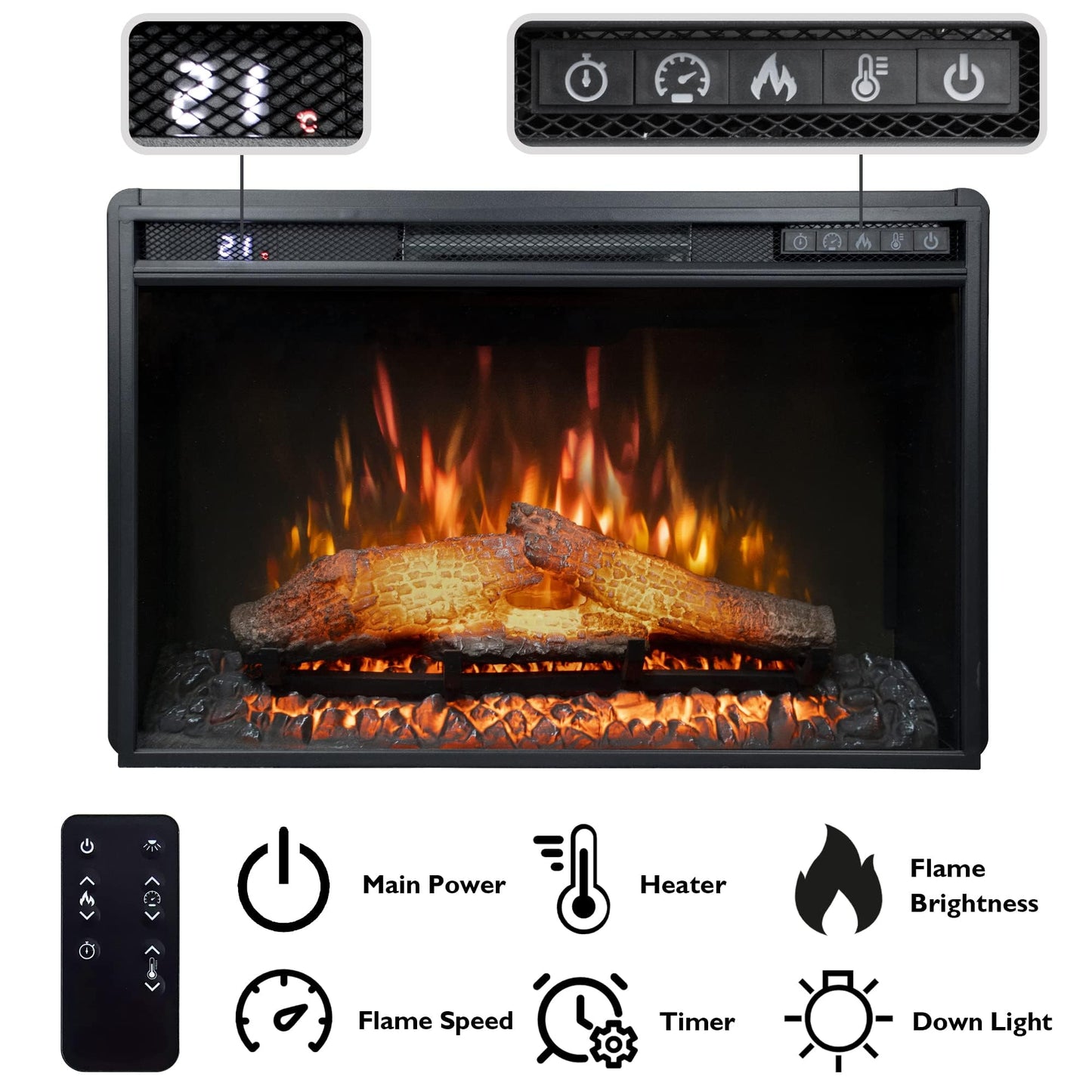 Rodalflame 26" Wide Electric Fireplace Insert, 6 Brightness Level, 5 Flame Speed, 62-82℉, Timer & Remote Control, Indoor Fireplace