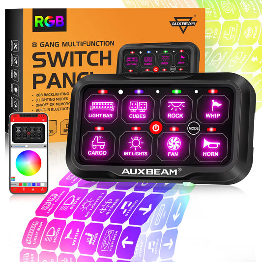Auxbeam Switch Panel AR-800 Bluetooth 8 Gang Switch Panel RGB Switch Pod Backlit Manual Control w/Toggle Momentary Pulsed 12V-24V Panel Controller for Boat Car Truck RV UTV Waterproof 2-Year Warranty