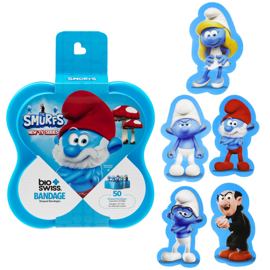 BioSwiss Bandages, The Smurfs in 3D Shaped Self Adhesive Bandage, Latex Free Sterile Wound Care, Fun First Aid Kit Supplies for Kids and Adults, 50 Count Plastic Case