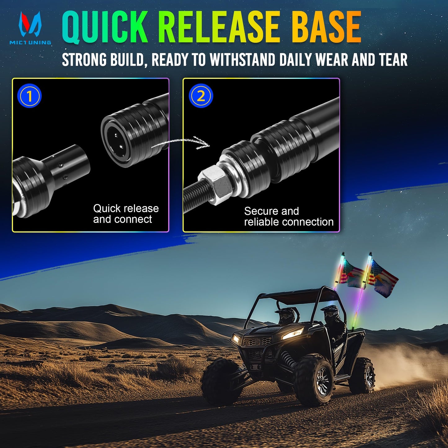 MICTUNING 2 Pack 4ft COB Whip Lights 360° Spring Base with 8 Flags, Remote Control, Rocker Switch RGB+IC Chasing/Dancing Light for ATV UTV RZR Can-Am