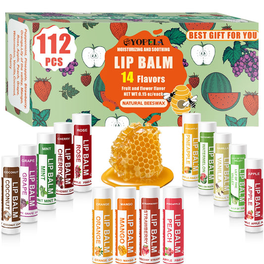 YOPELA 112 Pack Natural Lip Balm Bulk Lip Moisturizer with Vitamin E and Coconut Oil - Hydrating, Moisturizing, Soothing, and Repairing Dry and Chapped Lips Valentine's Gift - 14 Flavors - Non-GMO