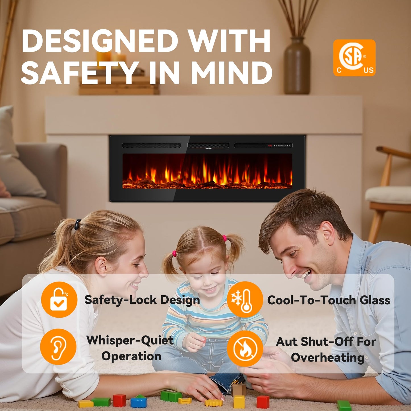 60 Inch Electric Fireplace in-Wall Recessed and Wall Mounted, Ultra-Thin Linear Fireplace Heater 750/1500W with Realistic Flame, Higher Temperatures & Lower Noise, Log Set & Crystal Options