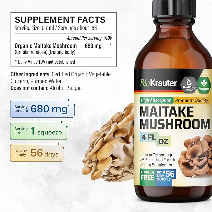 BIO KRAUTER Maitake Mushroom Extract - Maitake Liquid Supplement for Immune Support - 680 mg per Serving - Vegan, Alcohol & Sugar Free Drops 4 Fl.Oz.