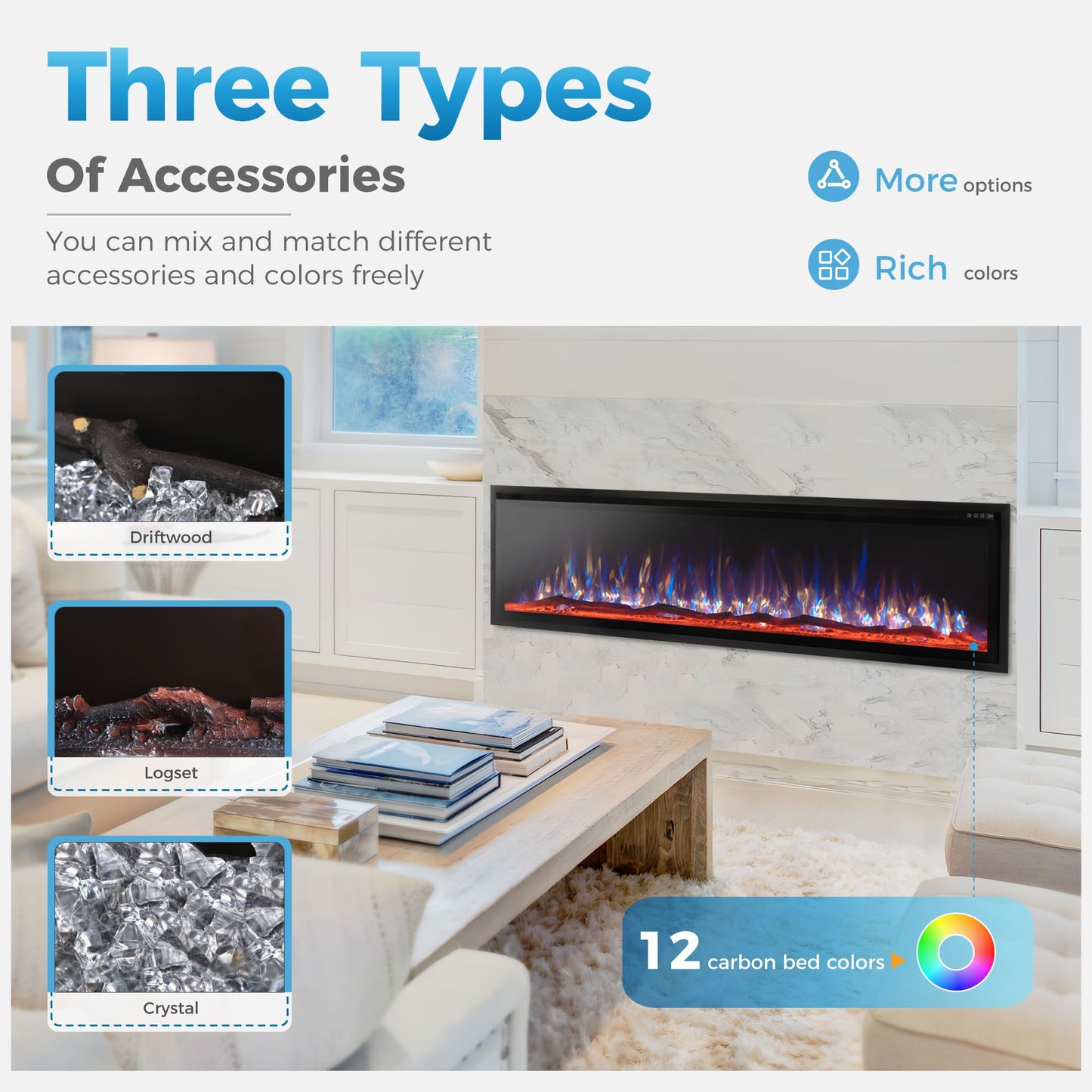 GREEN PARTY 72" Electric Fireplace Recessed/Wall Mounted Ultra Slim Frame Fireplace Heater with Log & Crystal Options, 750W/1500W, Adjustable Flame Bed Colors, Speed, Timer, Temperature (60.8℉-86℉)