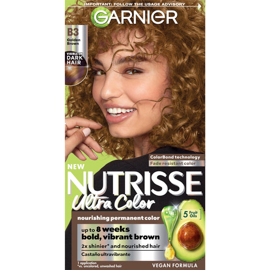 Garnier Hair Color Nutrisse Ultra Color Nourishing Creme, B3 Golden Brown (Spiced Rum) Permanent Hair Dye, 1 Count (Packaging May Vary)