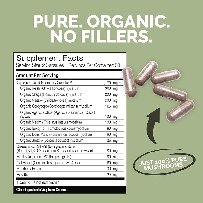 Boosted Health 9 Mushroom Complex Immune Support Supplement | Lions Mane Reishi Shiitake | Purified Beta Glucan | Brain Nootropic for Focus and Memory | Mental Clarity | Certified Organic 60 Capsules