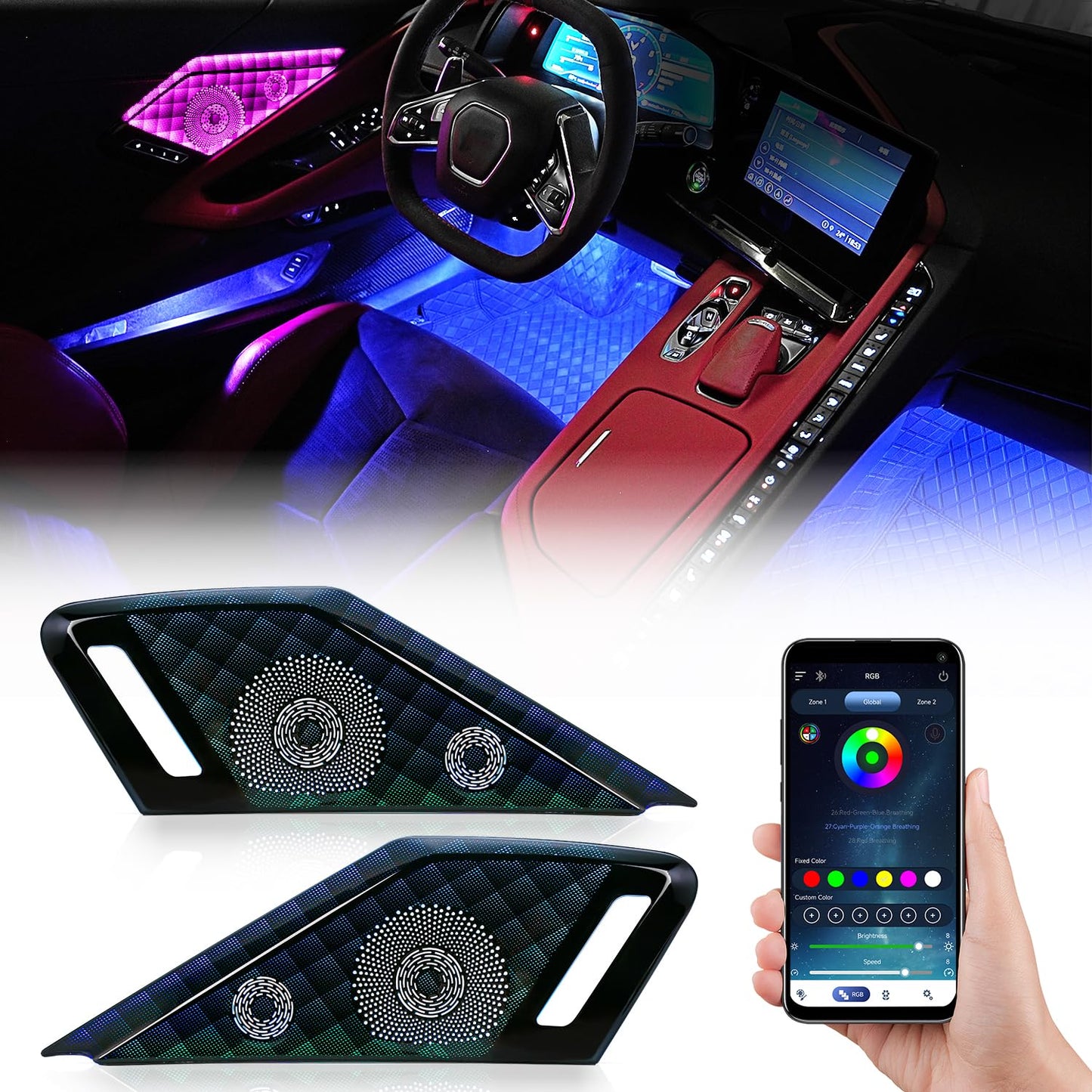 Bracingo Door Speaker Relays Cover Trim w/Neon Accent Lights fit for C8 Corvette 2019-2024,LED Ambient Foot Lights,Atmosphere Door Storage Box Lamps,Voice APP Button Switching Control,RGB