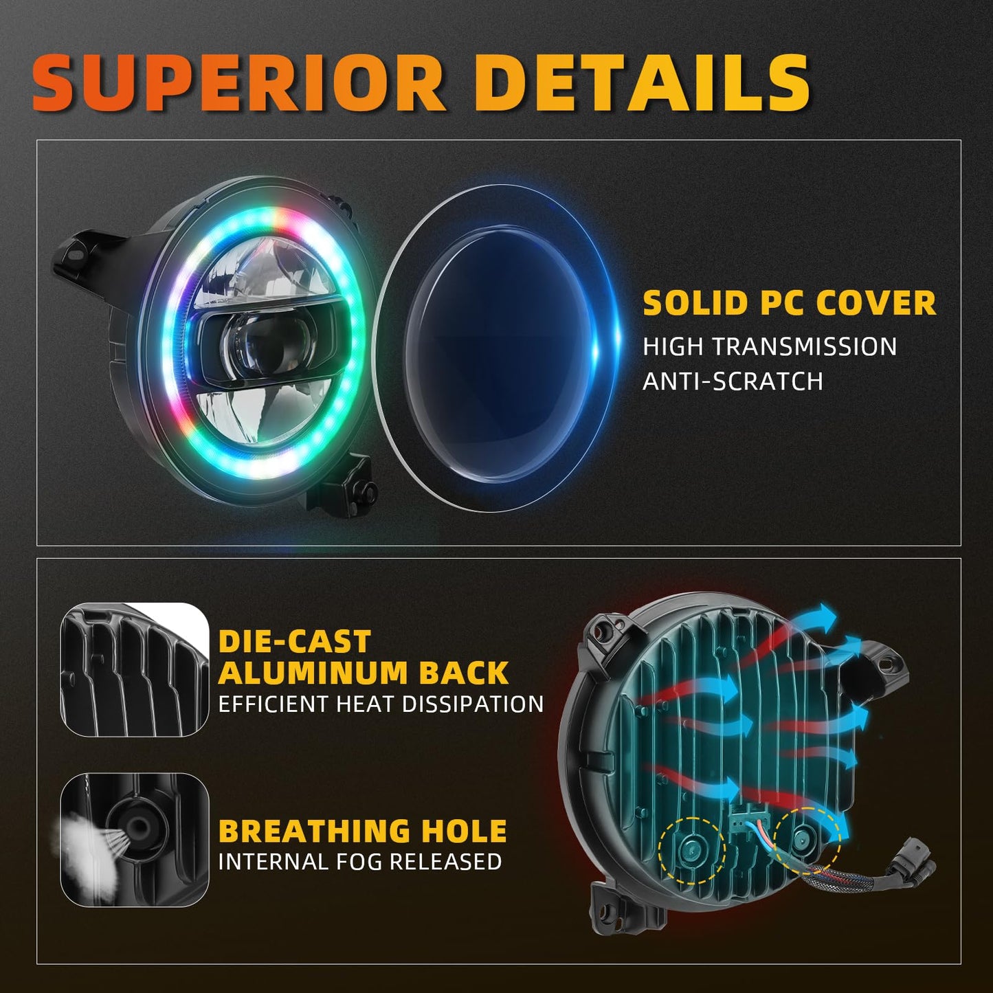 CAFOPAR 9 Inch RGB LED Headlights, DOT RGB Halo Headlight fit for 2018-2025 Wrangler JL Gladiator JT Sahara Rubicon Headlight Replacemant