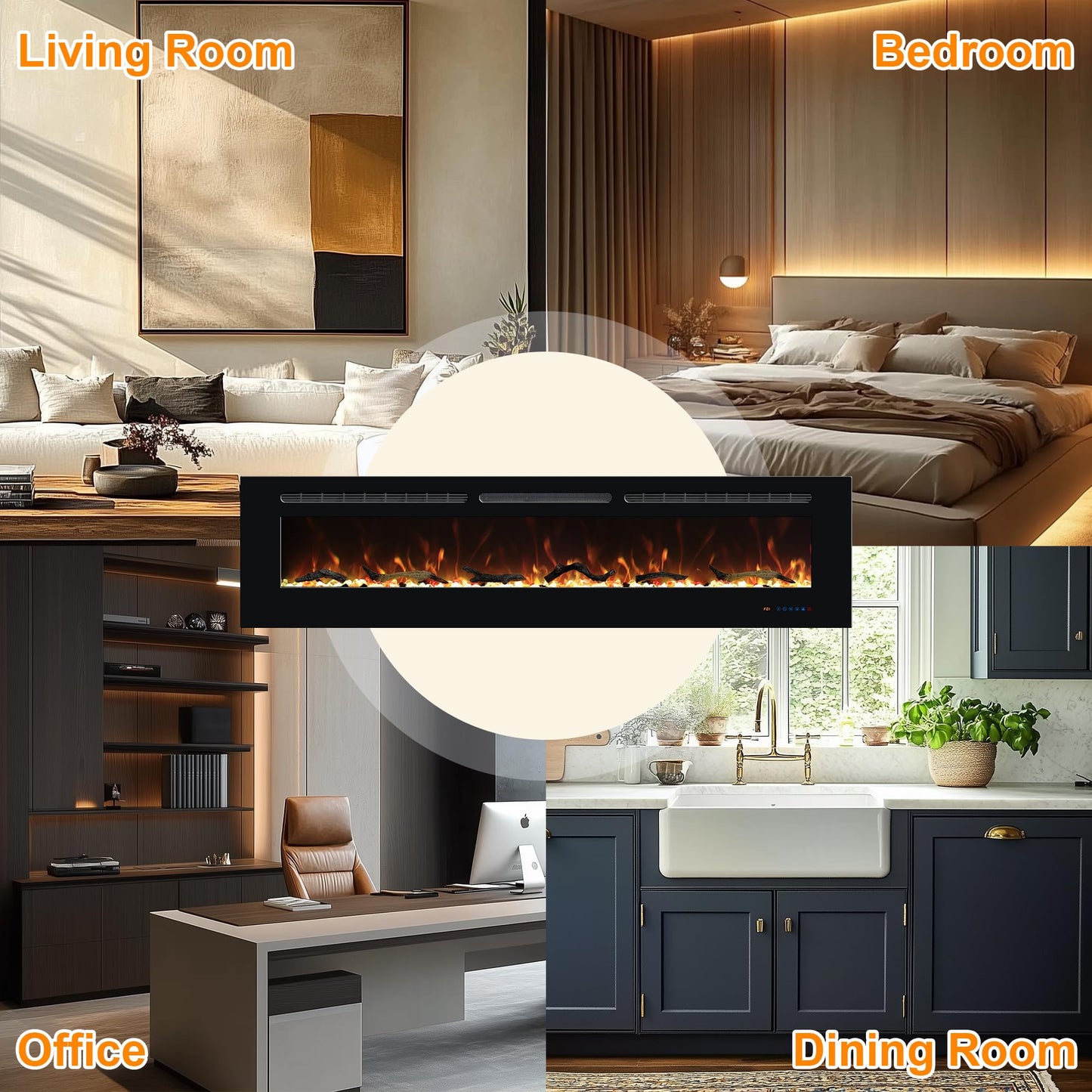 Carsynflame Electric Fireplace 65 in, Wall Mounted & Recessed Electric Fireplace Inserts, Remote & Touch Screen Control, 169 Flame Color Combinations, Timer& Thermostat Fireplace Heater, 1500W, Black