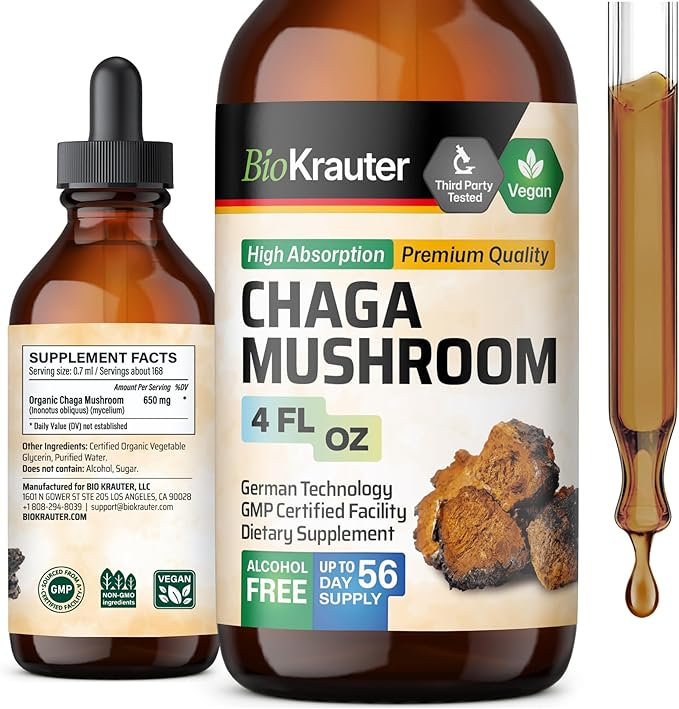 BIO KRAUTER Chaga Mushroom Extract - Chaga Tincture for Immune Support - Vegan, Alcohol & Sugar Free Drops 4 Fl.Oz.