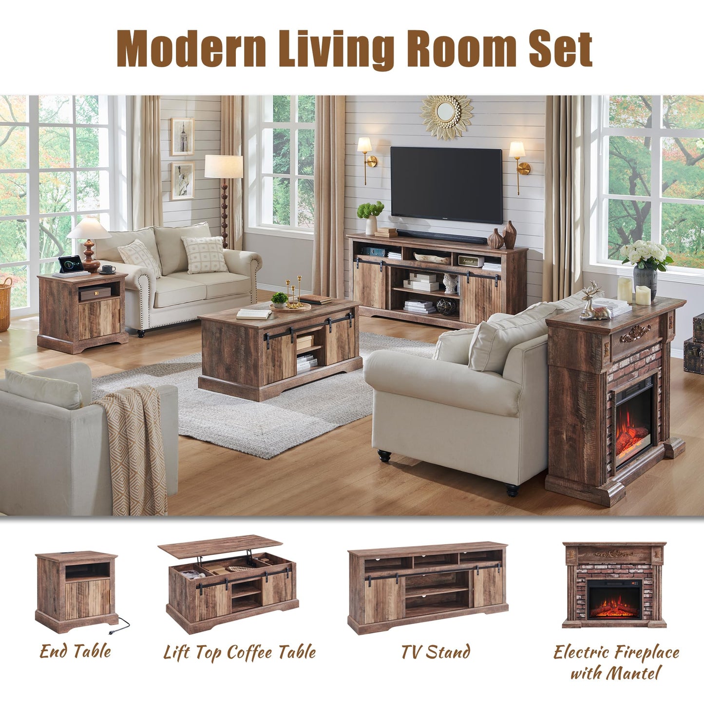 43" Electric Fireplace with Mantel, Electric Fireplace Heater, TV Stand w/Freestanding Electric Fireplaces, Stacked Stone Surround, Remote Control, Adjustable Flame Level for Living Room (Light Brown)