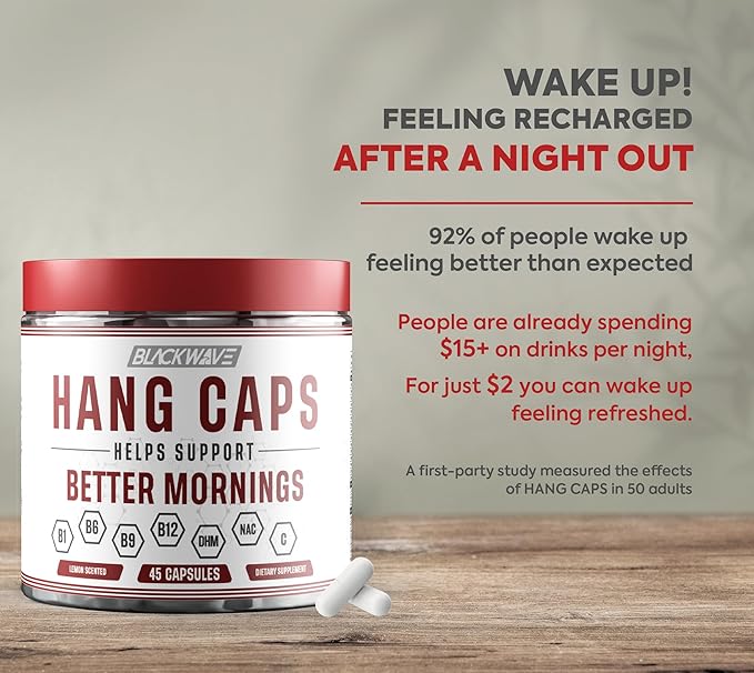 Hang Caps - Recovery Capsules After Drinking Aid - DHM (Dihydromyricetin) Morning Recovery Supplement - Hangover Relief with Ginger, Milk Thistle and B Vitamins - 45 Liver Aid Capsules