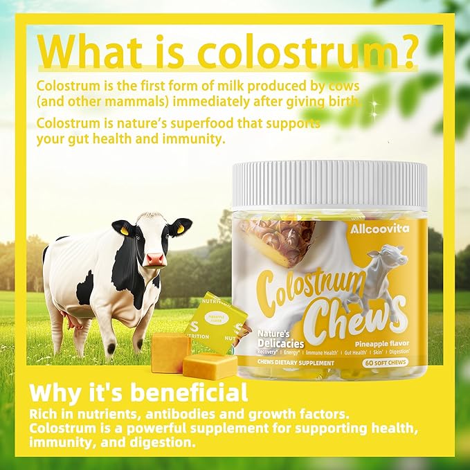 Bovine Colostrum Chews Supplement with probiotics for Gut Health, Bloating, Immune Support, Skin, Hair Growth and Beauty - Pineapple Flavor (60 Servings)