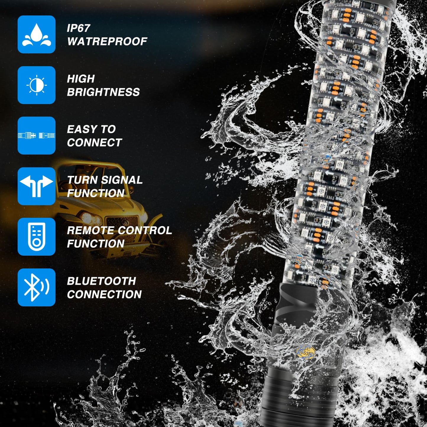 goodfitment 2 Pcs 1FT Thick Whip Lights, LED Whip Light with Brake Turn Signal by App & Remote Control, Spiral RGB Chasing Whips, Music Whip Light Compatible with UTV ATV RZR Can-Am SXS