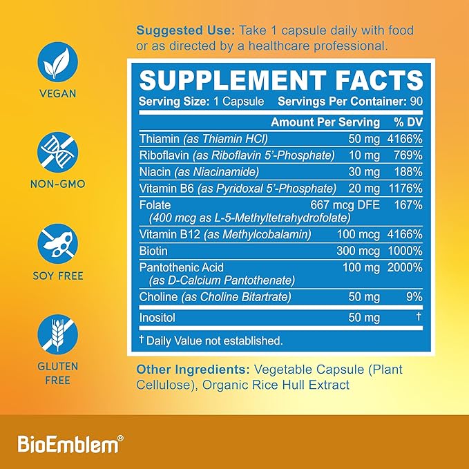 BioEmblem Vitamin B-Complex - All 8 Active Forms with Methyl Folate, Methyl B12, B6, Biotin Plus Choline Inositol, Supports Energy, Metabolism, Brain, Heart Health - B Vitamin Supplement 90 Capsules