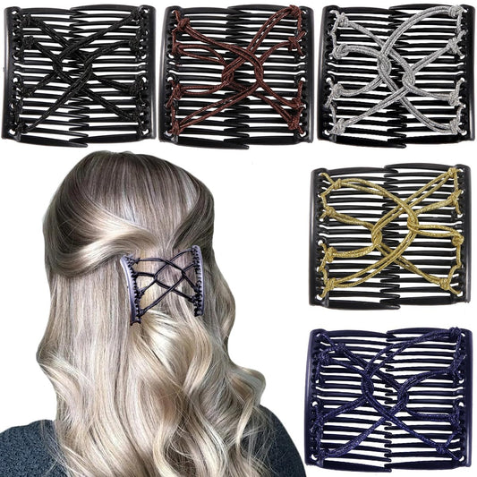 5 Pieces Elastic Magic Hair Comb Stretchy Double Comb Hair Forks Clips for Women Girls Vintage Hairstyle Multipurpose Hair Accessories (Silver,Black,Coffee,Gold,Blue)