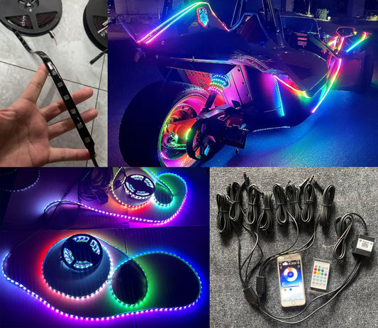 8PCS 4FT Full Tinted LED Black Out PCB Smoked Chasing + RGB Multi-Color + Solid Color Light Strips for Polaris Slingshot Hood Lights Car Truck Front Grille Ryker Spyder APP+RF