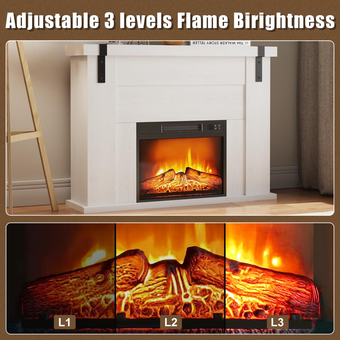 TRONLEE 46" Fireplace Mantel Cabinet, 34.7 inches Tall Includes 23" Freestanding 1400W Electric Fireplace, Remote Control, for Living Room, Study, Bedroom, 46.45W x 34.72 H(White Oak, 23'' Heater)