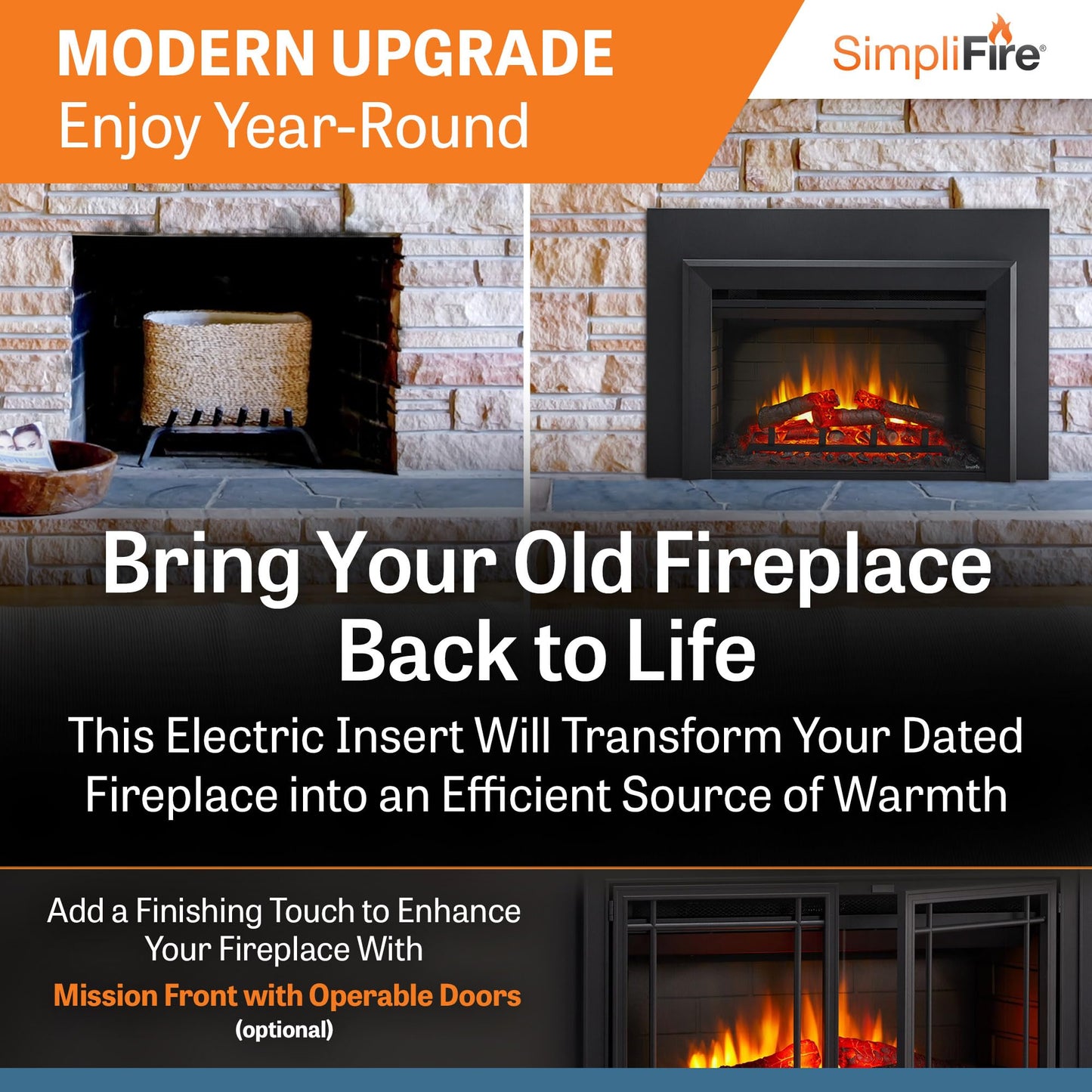 SimpliFire 25-Inch Electric Fireplace Insert, Large Black Surround, 37" x 26" (SF-INS25-SF-SI3726-INS25)