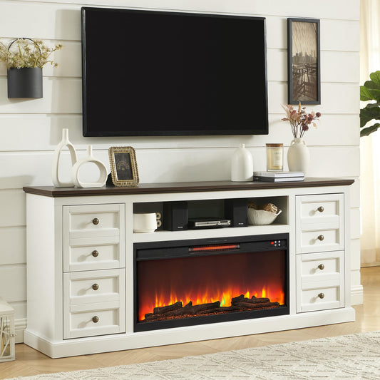 Unineo 70'' Fireplace TV Stand for up to 80'' Tvs with Drawer, Large Storage Tv Console Cabinet w/ 36'' Electric Fireplace, Media Entertainment Center for Living Room/Bedroom, White