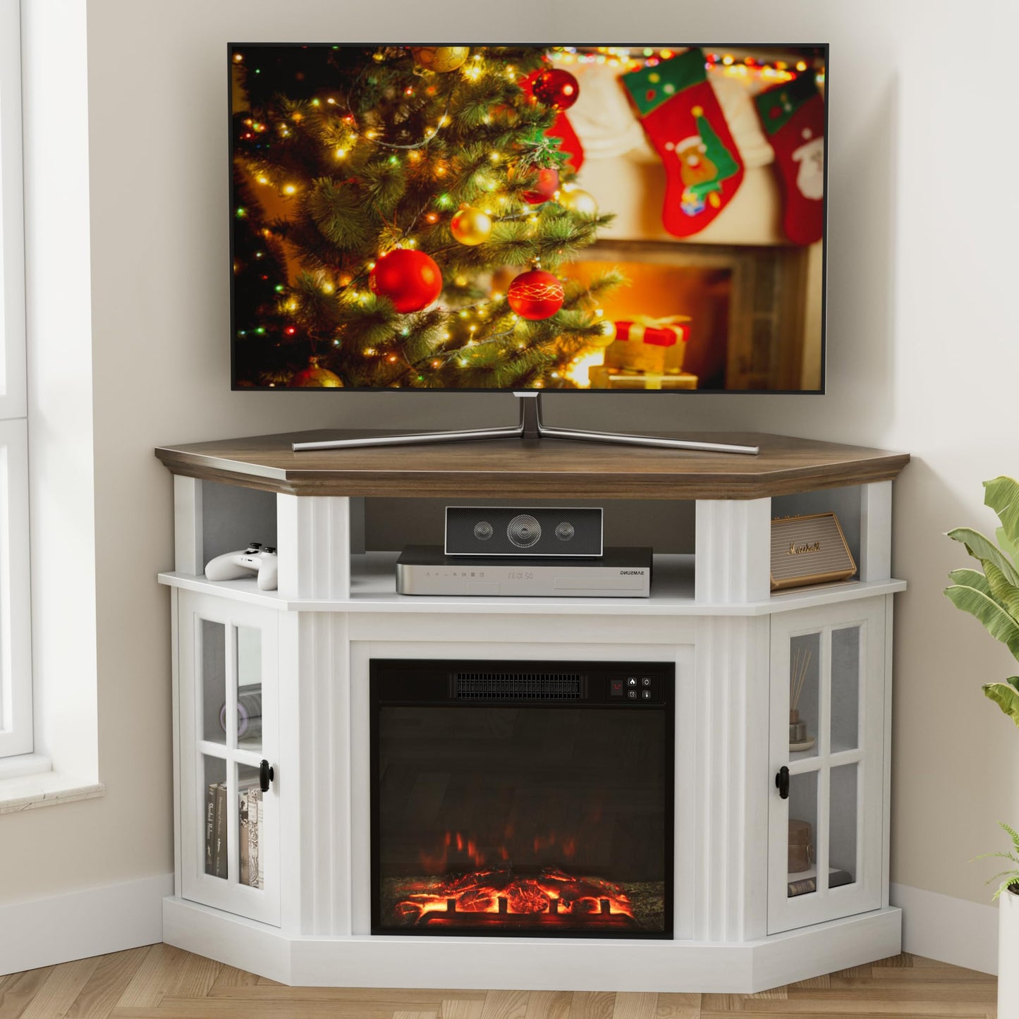 Furmax Fireplace Corner TV Stand for TV Up to 55 Inch, Modern TV Console with 18 Inch Electric Fireplace, Entertainment Center with Open Shelf and Storage Cabinets for Living Room, Antique White