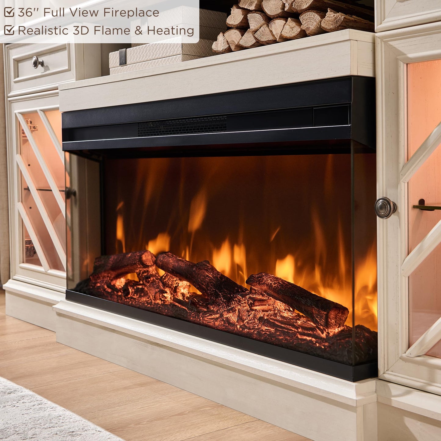 OKD 75 Inch 3-Sided Electric Fireplace TV Stand for TVs up to 85'',Modern Highboy Entertainment Center with 36" Fireplace & LED Lights,Widen Drawers and Glass Door Storage Cabinet, Antique White