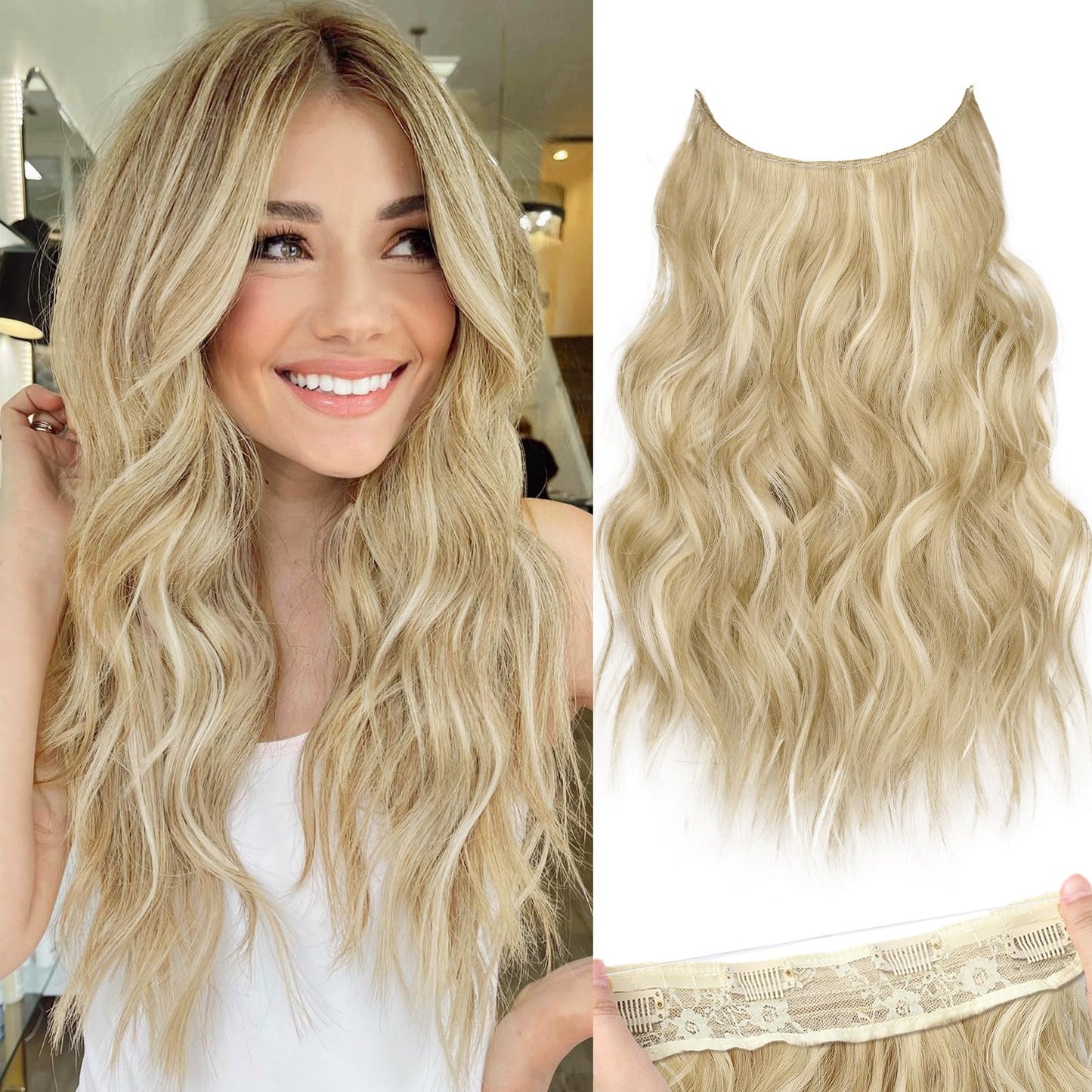 KooKaStyle Invisible Wire Hair Extensions with Transparent Wire Headband Adjustable Size 4 Secure Clips Long Wavy Hairpiece for Women(Beige Blonde H18/60A 16inch)