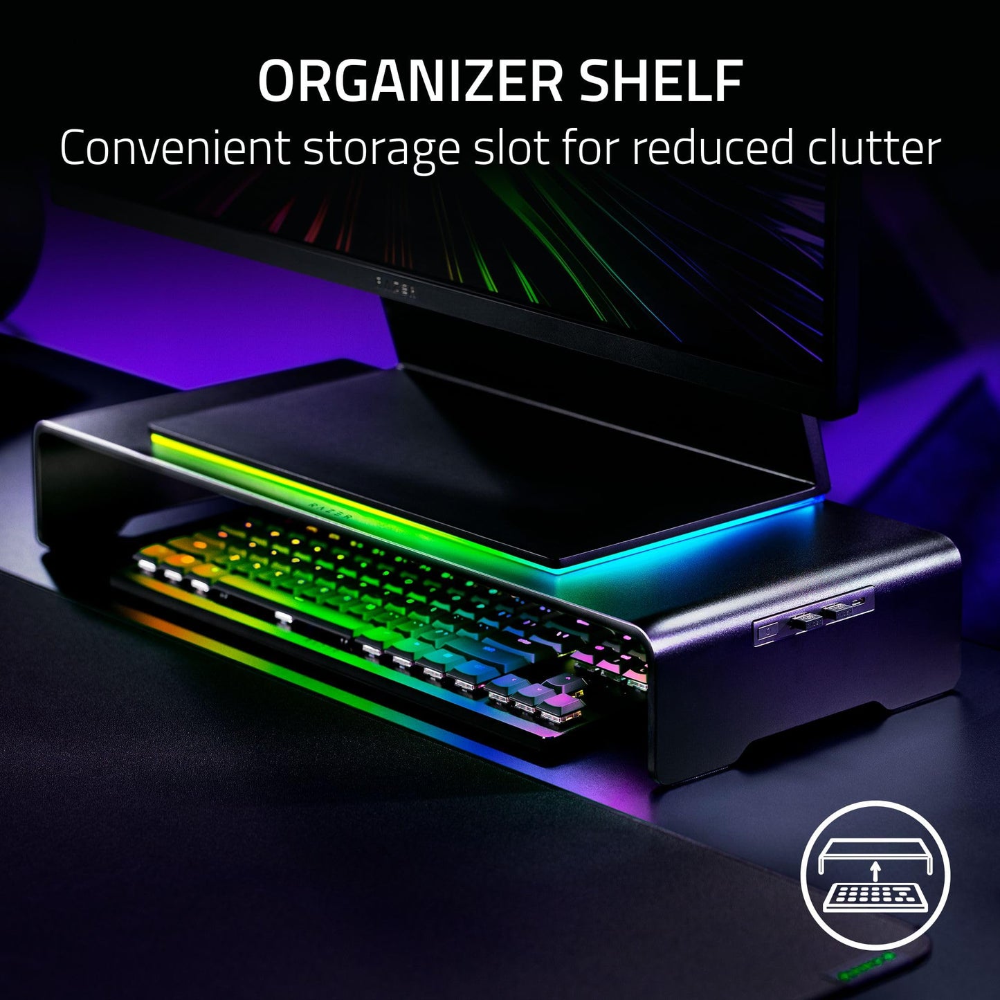 Razer Monitor Stand Chroma: 4 Port Hub - USB A 3.2, USB C 3.2, HDMI 2.0 - Ergonomic Height - Durable Aluminum Supports Up to 44 lbs - Organize Storage Shelf - Remappable RGB Buttons - Chroma RGB