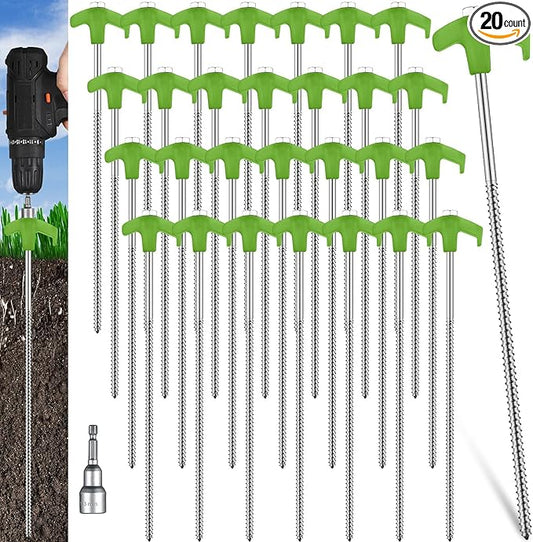 Hicarer 12 Inch Tent Stakes Screw in Camping Stakes Heavy Duty Metal Stake Ground Anchor Peg Threaded Tent Spikes with Hex Head Driver for Camping Garden Inflatable