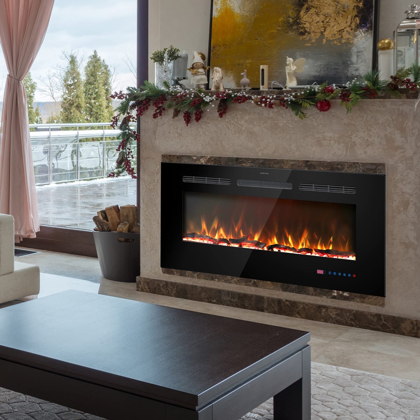 Kentsky 33 inches Electric Fireplace Inserts, Recessed and Wall Mounted Fireplace Heater, Linear Fireplace w/Thermostat, Remote & Touch Screen, Multicolor Flame, Timer, Log & Crystal, 750W/1500W