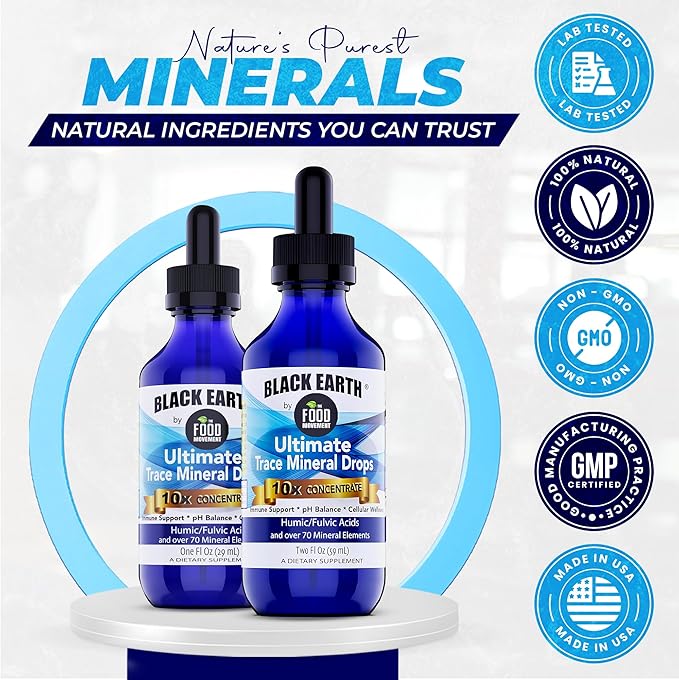 Black Earth Ultimate Trace Minerals 10x Strength, Fulvic Acid & Humic Acid, Non GMO Vegan 2 Ounce Dropper - Ideal Supplement for Athletes