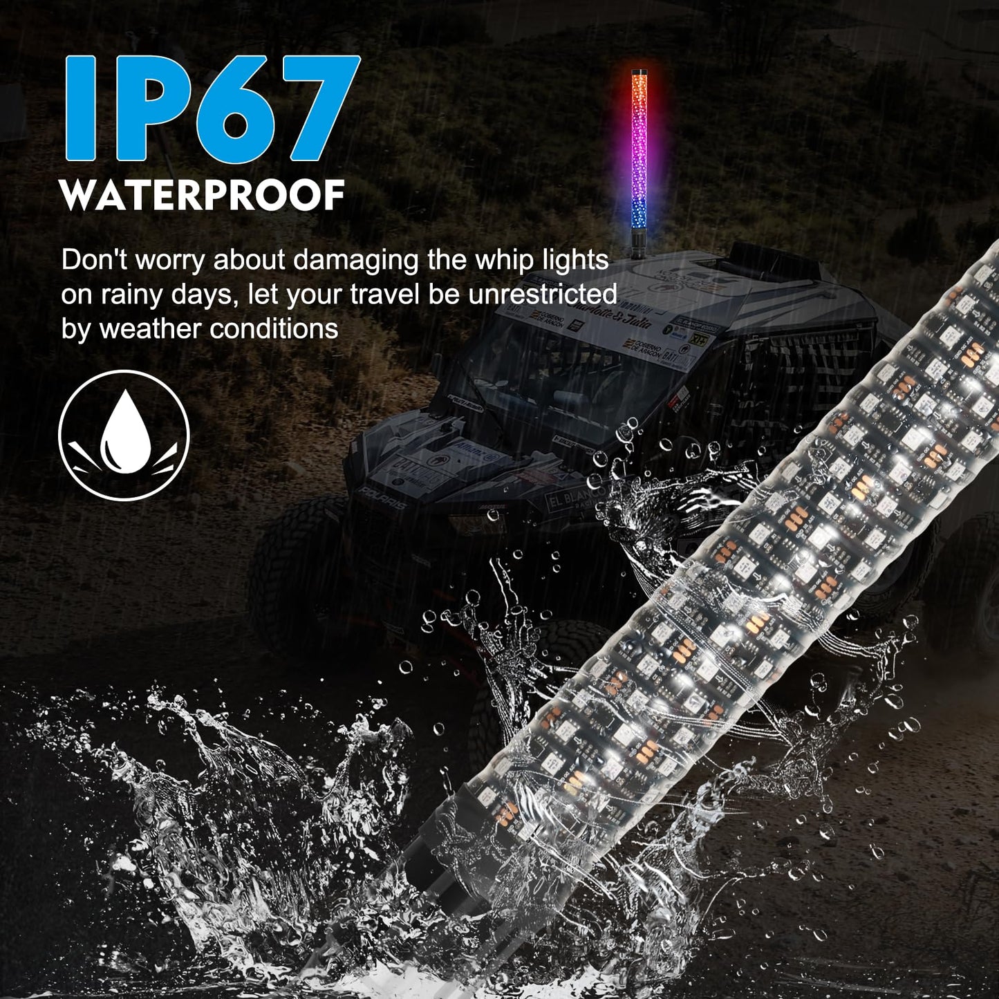 2PCS 2FT Fat LED Whip Lights with Spring Base,ATV Whip Lights with APP & Remote Control RGB Chasing Lighted Antenna Whips for UTV, Truck, Dune Buggy