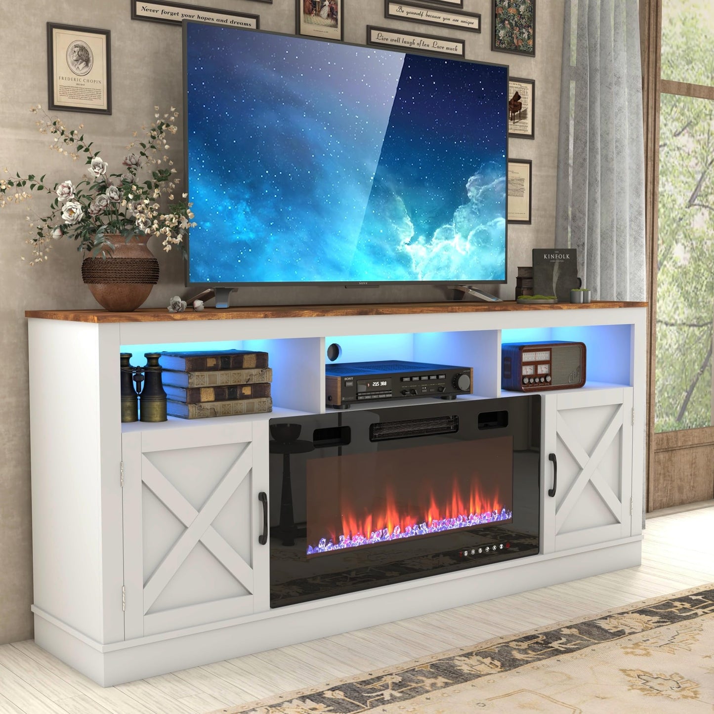 jiteentarou Farmhouse Fireplace TV Stand for 70/75/80 Inch TV, 32”Tall Entertainment Center w/ 36”Electric Fireplace and LED Light, 70”Media Console w/Barn Door Cabinet for Living Room, White