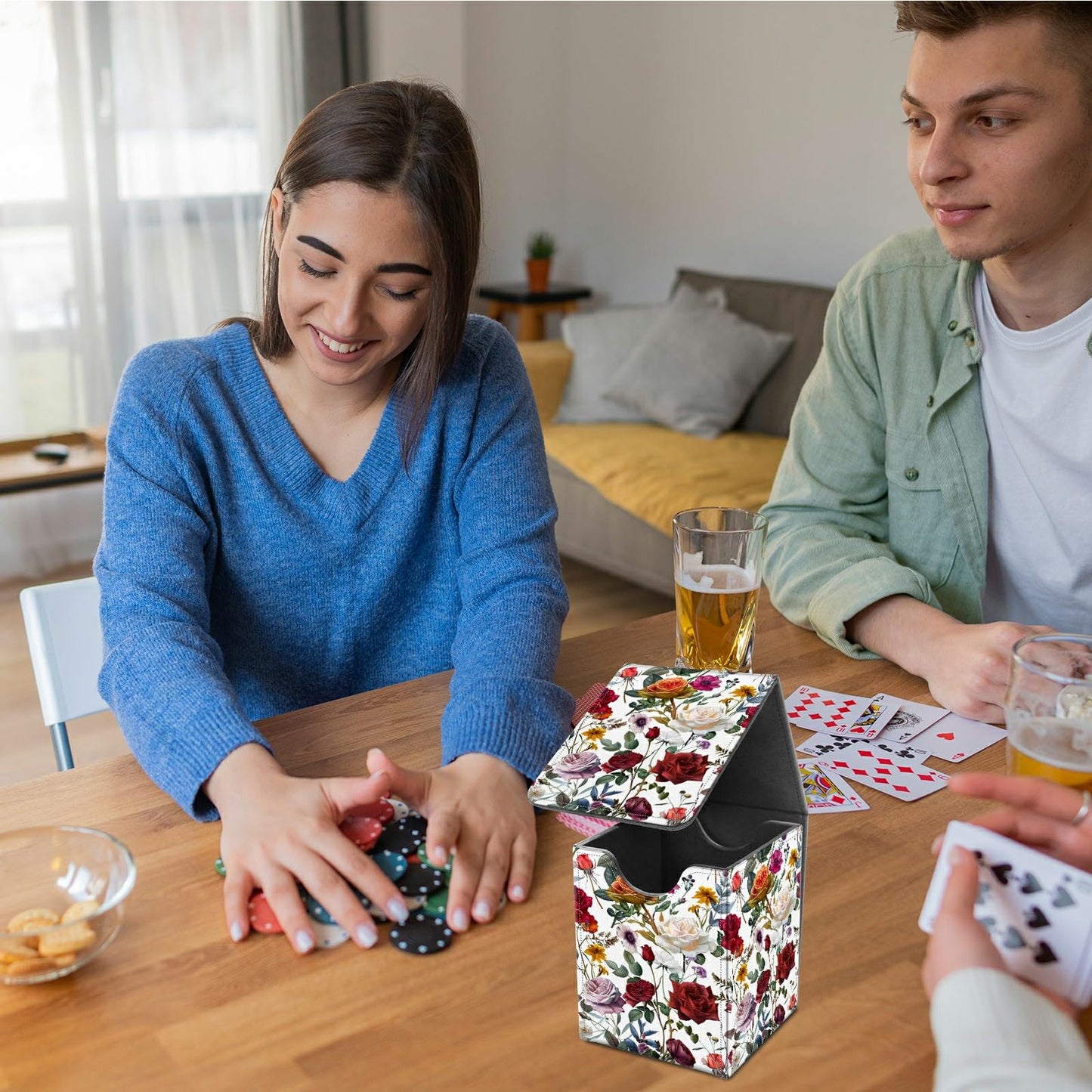 BREIDMKFM Card Deck Box for Trading Cards, MTG Commander Deck Box Fits 100+ Single Sleeved Cards, Leather Magnetic Card Storage Box for YuGiOh TCG CCG Cards, Roses