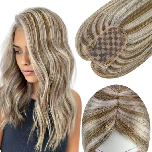 Full Shine Hair Topper 3 * 5 Inch Topper Hair Piece Human Hair Short Hair Ash Brown Highlights Light Blonde For Short Hair Clip In Human Hair Topper Remy Human Hair 10 Inch