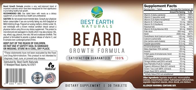 Best Earth Naturals Beard Growth Formula for Men Vitamins, Nutrients, Biotin, Saw Palmetto, and PABA for Facial Hair Growth 30 Count