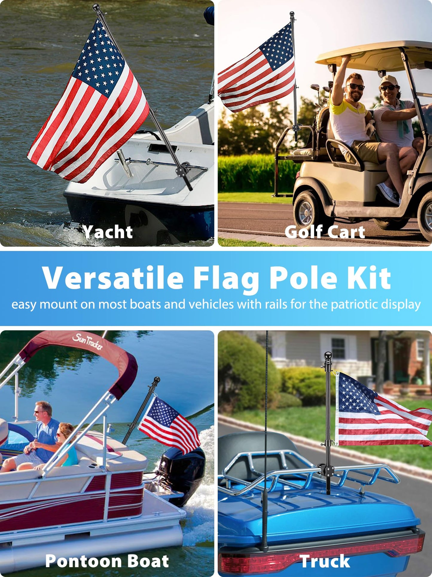 Boat Flag Pole, Pontoon Boat Accessories Flag Pole Kit, 75 in Flag Pole with 12”x18” American Flag, Adjustable Holder Mount, Tangle Free Rings, Metal Black Marine Flags Pole Fit 0.5”-1.1” Yacht Rails